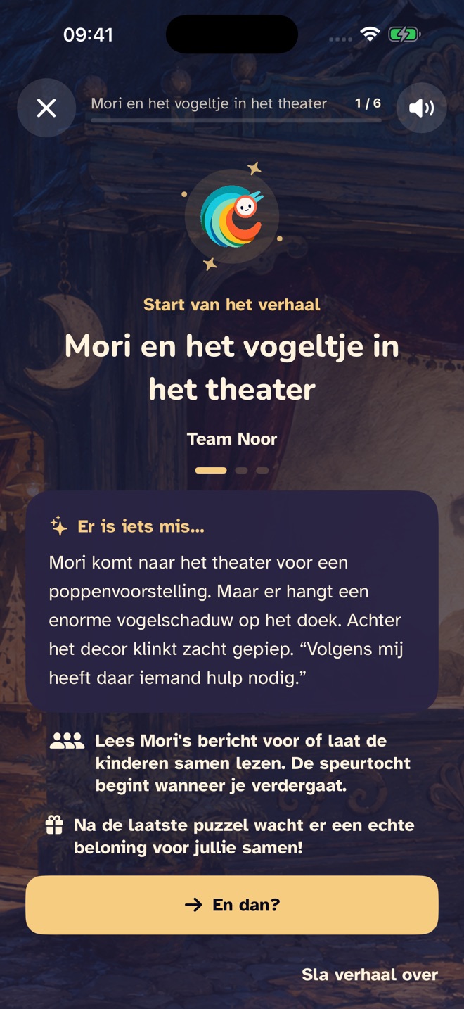 Clumori game screen: the team starts the story about the bird in the theater