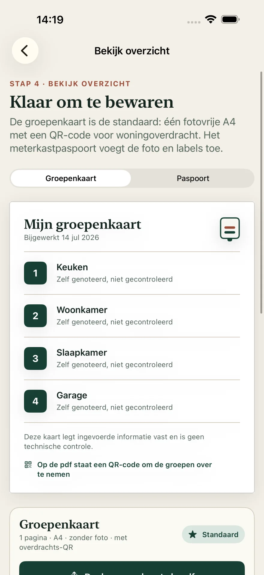 Foto-vrije A4-groepenkaart met QR-code voor lokale overdracht