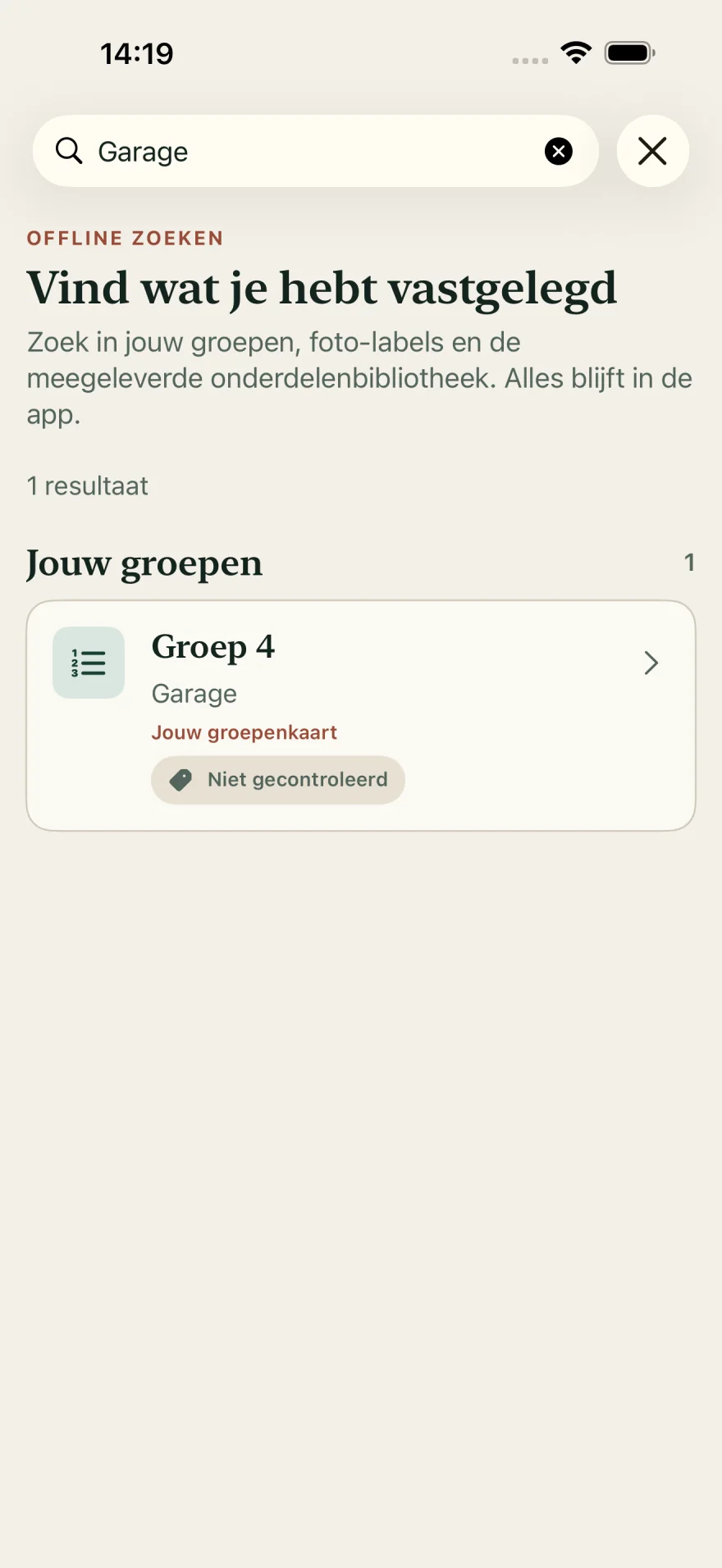 Offline zoeken in groepen, ruimtes, apparaten en onderdelen in Meterkast