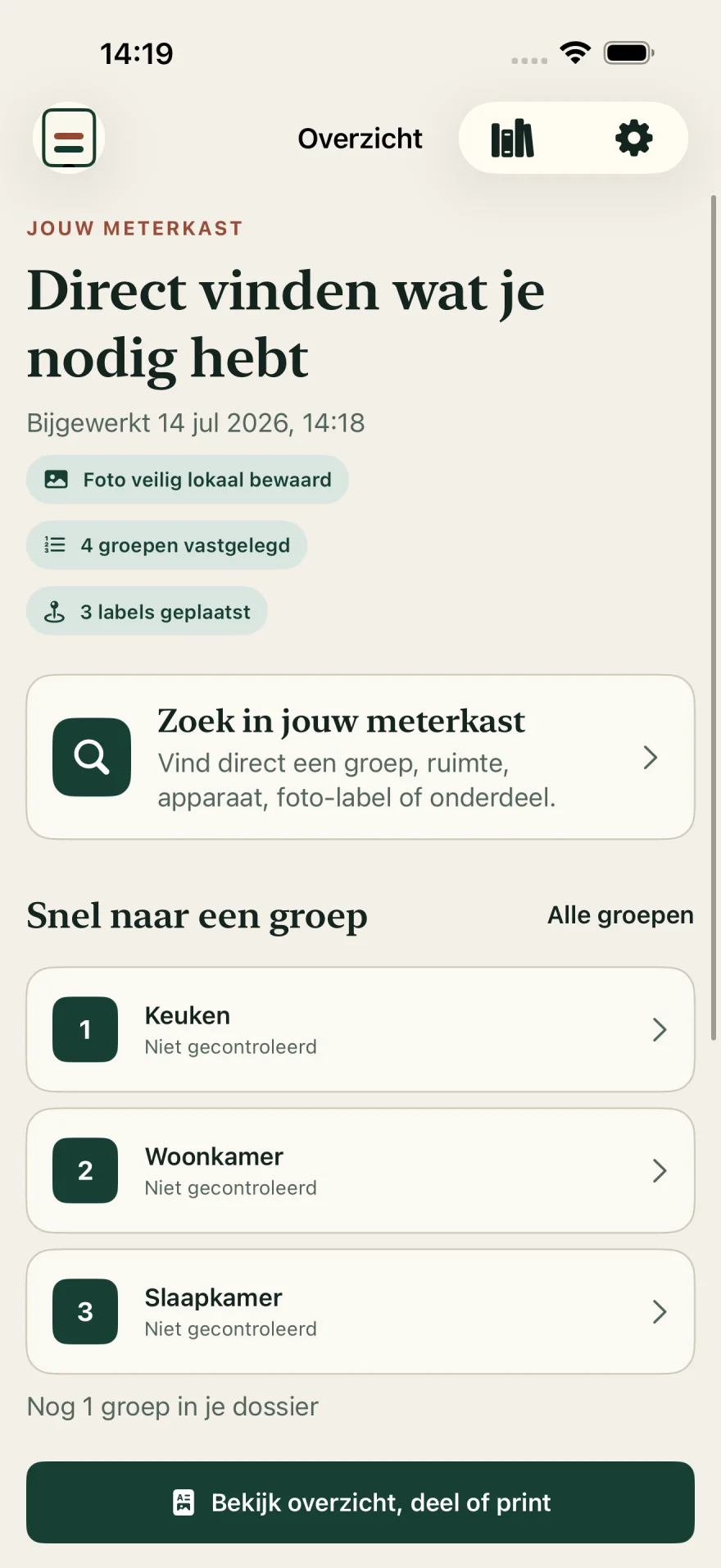 Startscherm van Meterkast met lokaal dossier, groepen en foto-labels